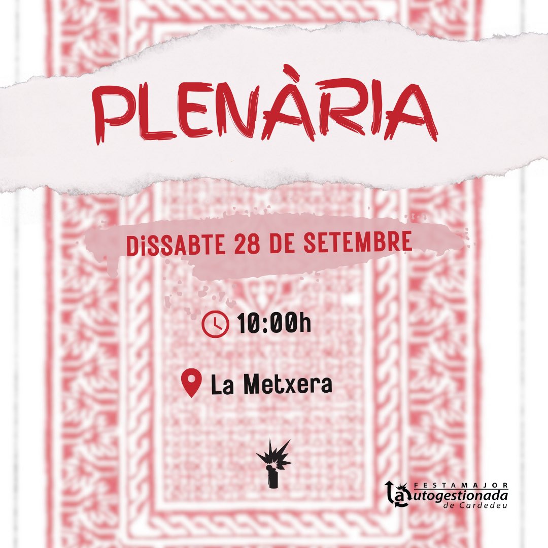 🔴PLENÀRIA DE VALORACIÓ🔴 

🗓️El 28/09 a les 10h a La Metxera fem l’Assemblea Oberta de Valoració del Polvorí 2024.

És el moment debatre propostes per seguir millorant i construir un Polvorí 2025 encara més potent! 💥

Ens veiem aquest dissabte per seguir creixent plegades! ✊🧨