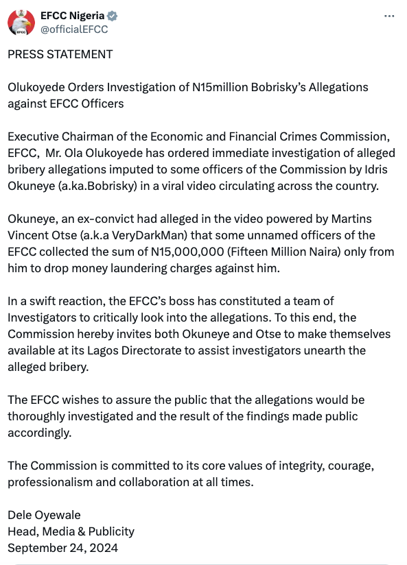 Ceephic's tweet photo. EFCC is inviting VeryDarkMan and Bobrisky to come and help them investigate and uncover EFCC officials who took bribe from Bobrisky.

We should kuku make #verydarkman the IGP of Police, I believe he will do a good job.

Falz #verydarkblackman Sowore https://t.co/WlNK6Sl3hB