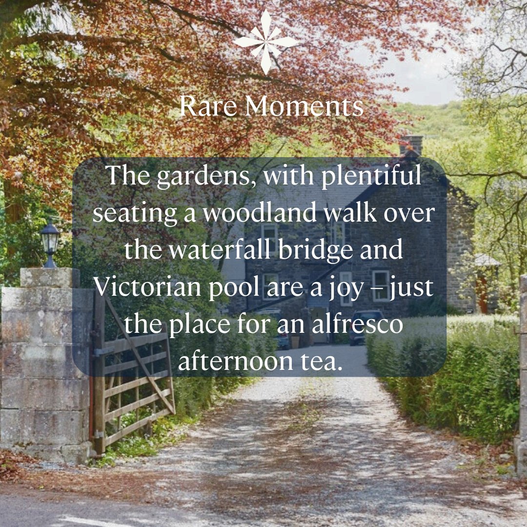 🌿✨ Discover a Rare Moment at Afon Rhaiadr – the perfect spot for an alfresco afternoon tea! Enjoy the serene gardens, take a woodland walk over the waterfall bridge, and relax by the Victorian pool. 🌸☕ #RarebitsCollection #AfonRhaiadr #RareMoments #WelshGetaways