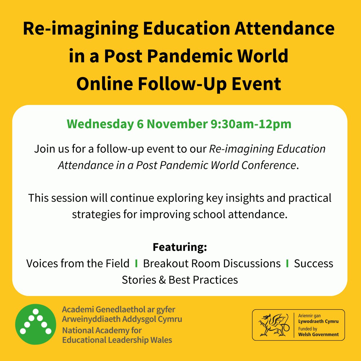 Join the #LeadershipAcademy for our online follow-up event to our Re-imagining Education in a Post Pandemic World Conference on Wednesday, 6 November at 9:30am-12pm.

For more information, and to book your place, go to ow.ly/tMI350TsZQT

<a href="/WG_Education/">Welsh Government Education</a>