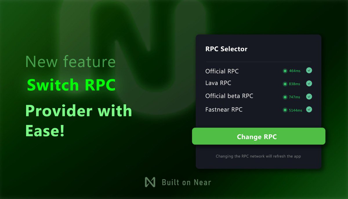 Nearlend DAO (@nearlenddao) on Twitter photo 🎹CONFIGURABLE RPCs
Say gm to more performance and flexibility by choosing your preferred RPC provider:
- Official RPC
- Official Beta RPC
- <a href="/fast_near/">FastNear🇺🇸</a> RPC
- <a href="/lavanetxyz/">Lava Network 🌋</a> RPC 🎹CONFIGURABLE RPCs
Say gm to more performance and flexibility by choosing your preferred RPC provider:
- Official RPC
- Official Beta RPC
- <a href="/fast_near/">FastNear🇺🇸</a> RPC
- <a href="/lavanetxyz/">Lava Network 🌋</a> RPC