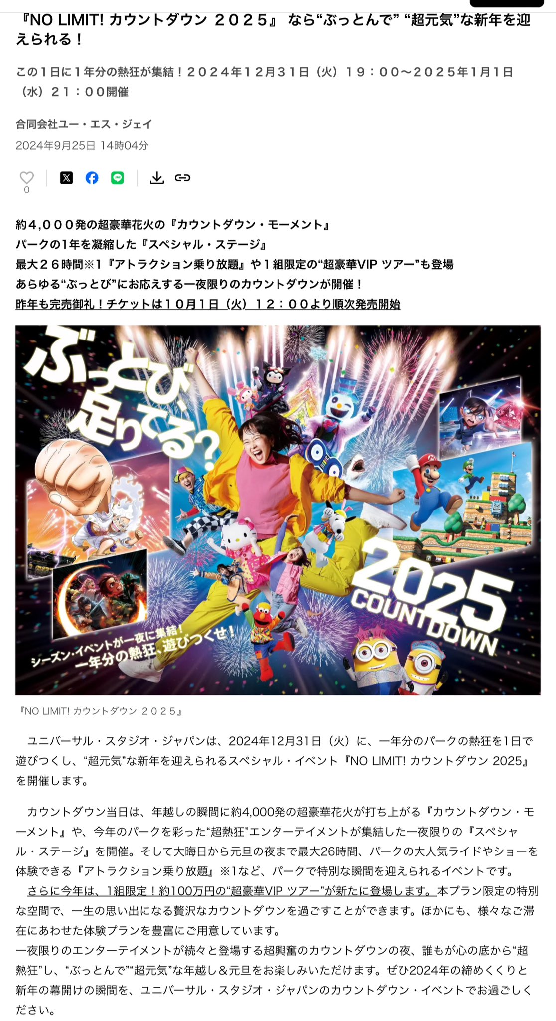 USJ ユニバ カウントダウン 2025 パーティ・パス 2枚セット（USJ NO  
