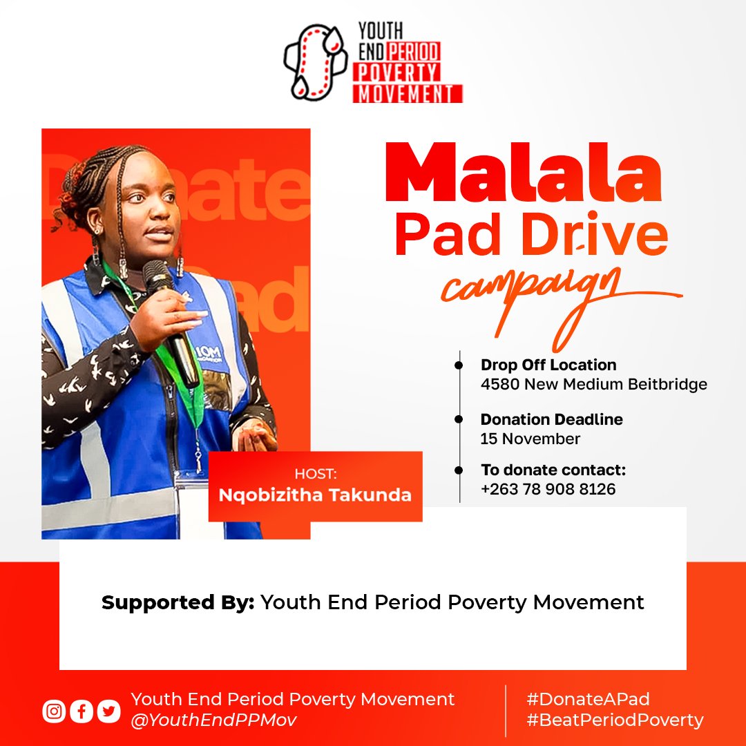 📢📢GoodNews Zimbabwe🇿🇼🇿🇼

We're proud to support the Malala Pad Drive Campaign hosted by Nqobizitha Mfandaidza🇿🇼 <a href="/YouthEndPPMov/">Youth End Period Poverty Movement</a>🇿🇲 will continue to support young people &amp; work together 🤝 to #beatperiodpoverty 

Every donation counts! Spread hope &amp; #DonateAPad

☎️+263 78 908 8126