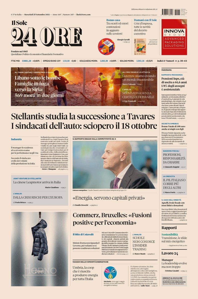 sole24ore's tweet photo. Sulla prima pagina del #Sole24Ore di oggi, mercoledì #25settembre: #Stellantis studia la successione a #Tavares; i sindacati dell'auto: sciopero il 18 ottobre. #Commerz, Ue: «Fusioni positive per l'economia». #MedioOriente: #Libano sotto le bombe. #buonalettura #primapagina https://t.co/HwXWOlniYY