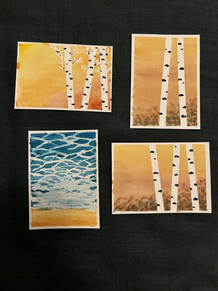 jblossomart's tweet photo. 3 trees and a beach! Watercolors are fun. Especially after getting masking fluid and skinny wash tape 🥰 I really like my birches https://t.co/mFwwNHOJld
