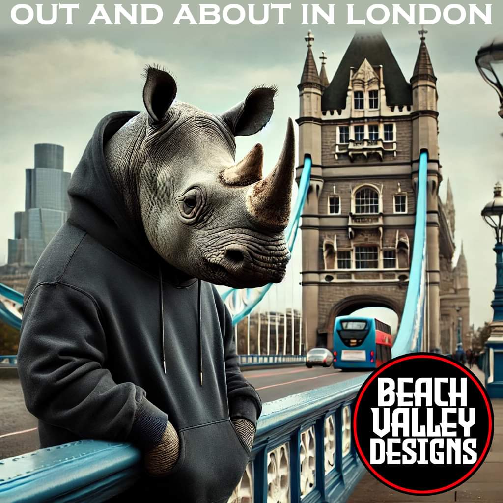 A rhinoceros standing on London's iconic Tower Bridge on an overcast day, wearing a black pullover hoodie. The rhino has a calm, almost contemplative expression as it leans on the bridge's railings watching the boats below. 

#rhinoceros #Hoodie #autumn #beachvalleydesigns