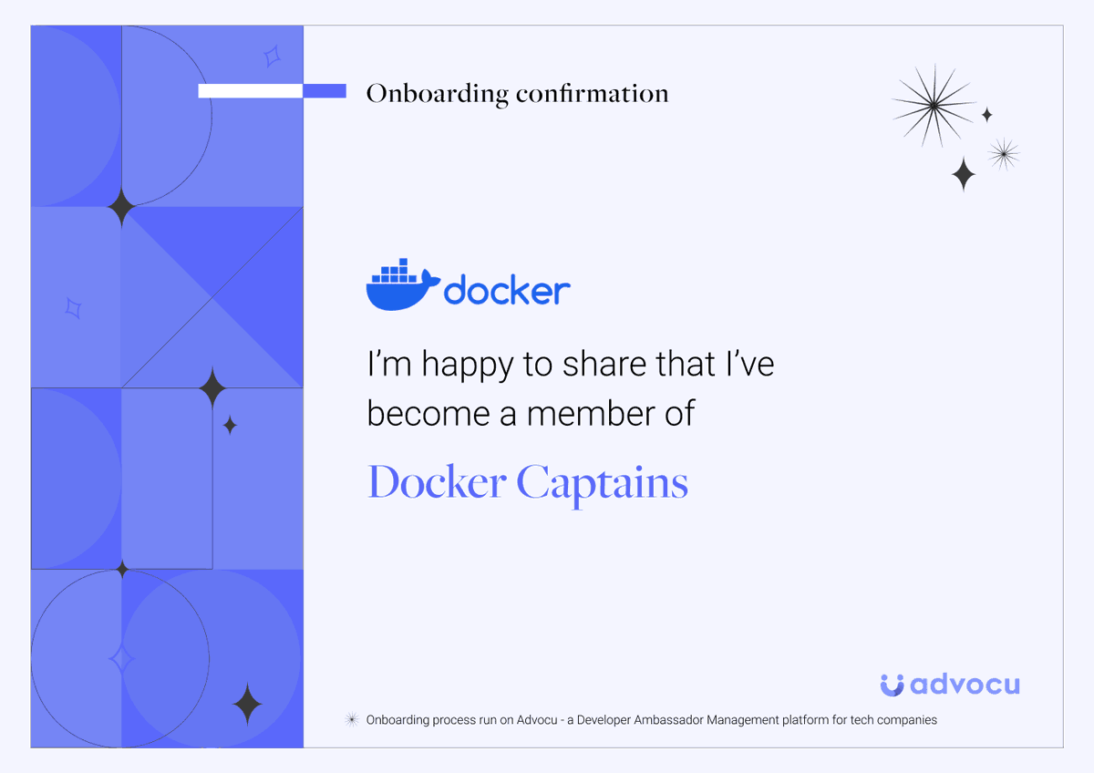 Excited to embark on my new journey as a member of Docker Captains! advocu.com/onboarding-rec… <a href="/Advocu_com/">Advocu</a> <a href="/Docker/">Docker</a>
