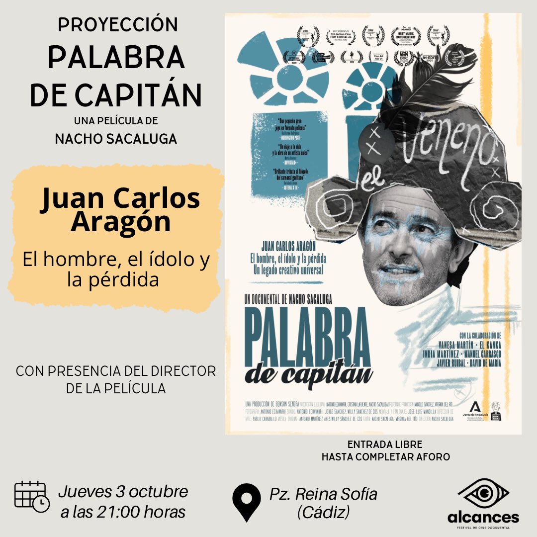 Jueves 3 de octubre, a las 21:00 horas, el festival <a href="/Alcances_Cadiz/">Alcances</a> proyecta  Palabra de Capitán en la plaza Reina Sofía (Cádiz). En el barrio del Capitán.