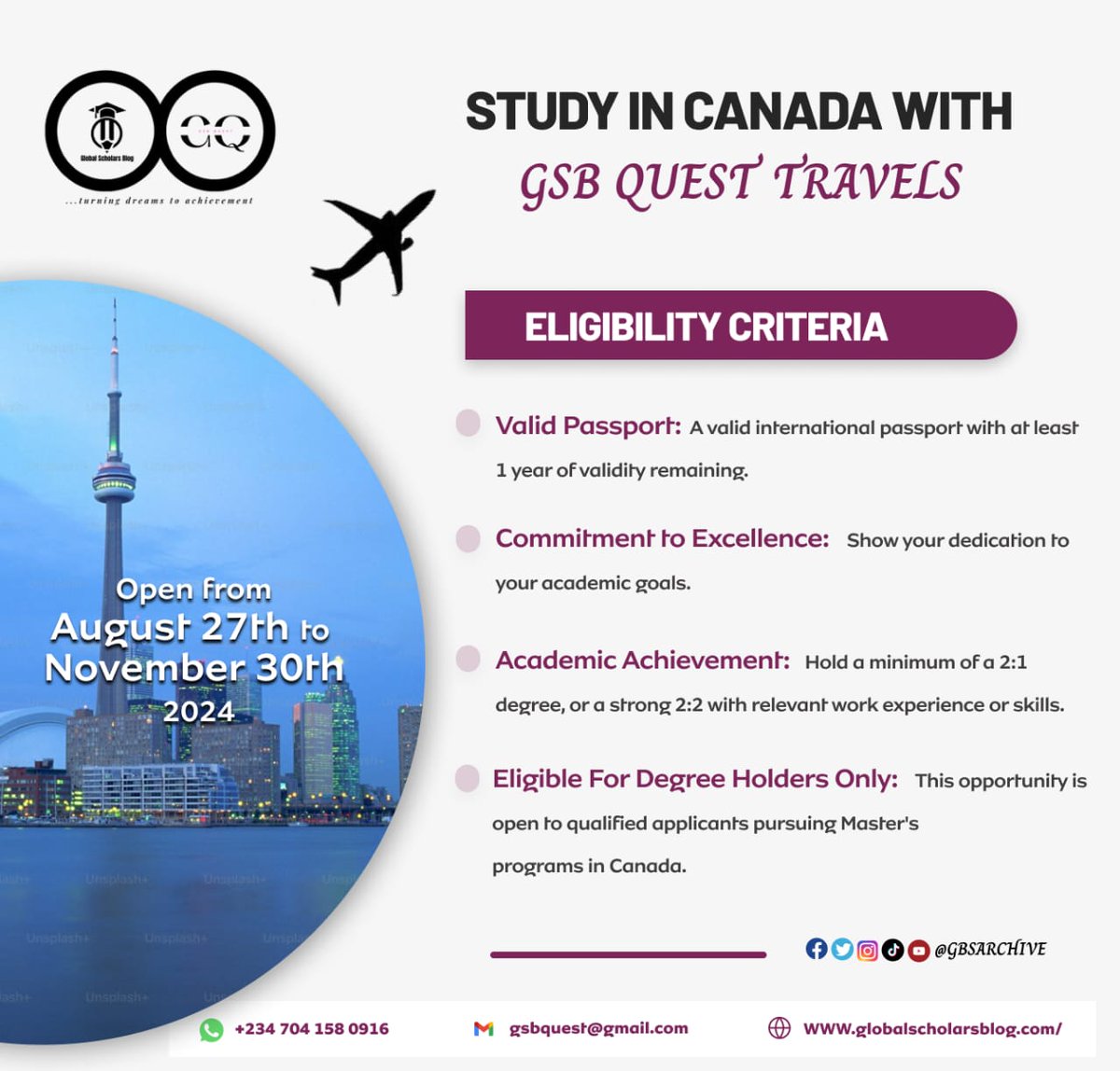 GSBarchive's tweet image. STUDY IN CANADA WITH GSB QUEST TRAVELS’ DISCOUNT AND EASY STUDENT LOAN OPTIONS!

globalscholarsblog.com/study-in-canad…

#StudyInCanada #MastersInCanada #StudyAbroad #StudentLoans #Canada2024 #GSBQuestTravels #Scholarships #CanadaEducation #study #travels