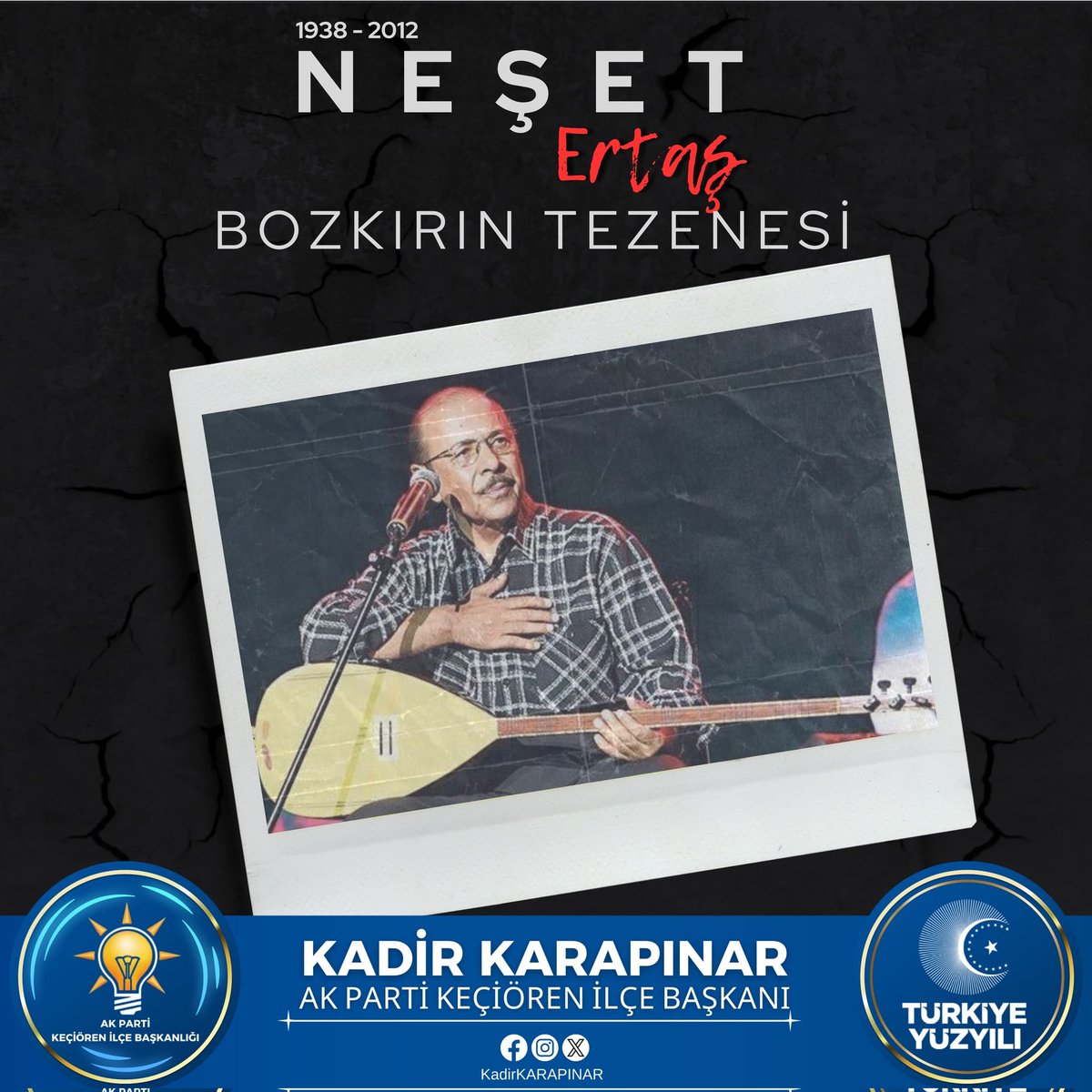 "Milletimizin gönlünde müstesna bir yere sahip olan Türk halk ozanı, 'Bozkırın Tezenesi' Neşet Ertaş ustayı vefatının 12'inci yıl dönümünde rahmetle, hasretle yâd ediyoruz."

#NeşetErtaş

<a href="/RTErdogan/">Recep Tayyip Erdoğan</a> <a href="/hakanhanozcan/">Hakan Han ÖZCAN 🇹🇷</a> <a href="/AkpartiAnkara/">AK Parti Ankara</a> <a href="/AKadirkarapinar/">Kadir KARAPINAR🇹🇷</a>