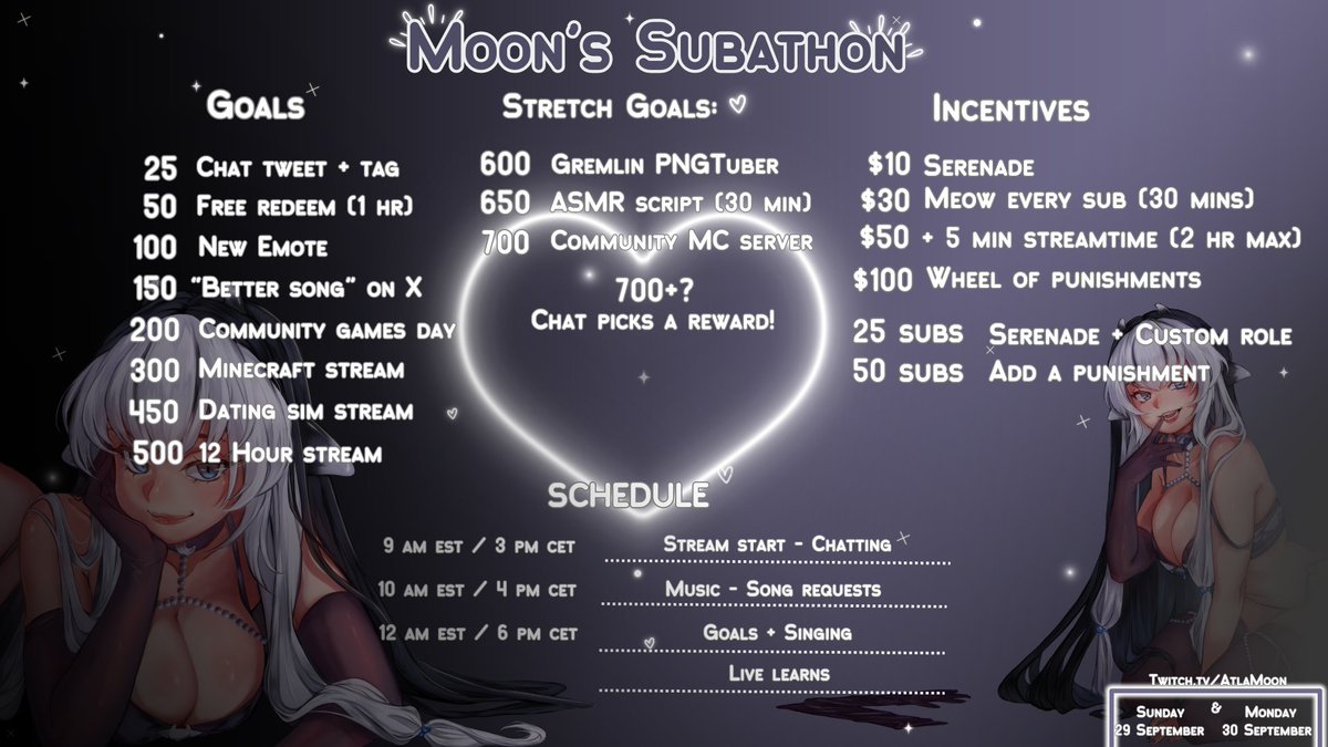 AtlaMoonn's tweet photo. 🌙 SUBATHON 29-30 SEPTEMBER 🌙 

✨ Hosting a 2 day on September 29th and 30th!
🌙 Both days, we'll start at 9 AM EST / 3 PM CET
✨ Funding my move and hospital bills for my recent health no-nos 

Let's have an amazing time together heeh ✨ https://t.co/OlArtHvg8A