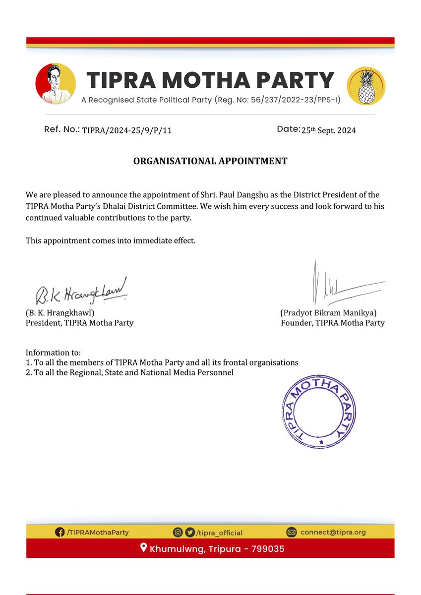 tipra_official's tweet photo. Congratulations to Shri. Paul Dangshu (Hon’ble MLA) on being appointed as the District President of TIPRA Motha Party’s Dhalai District Committee. 

@PradyotManikya

#TIPRA https://t.co/90z8UuLmZI