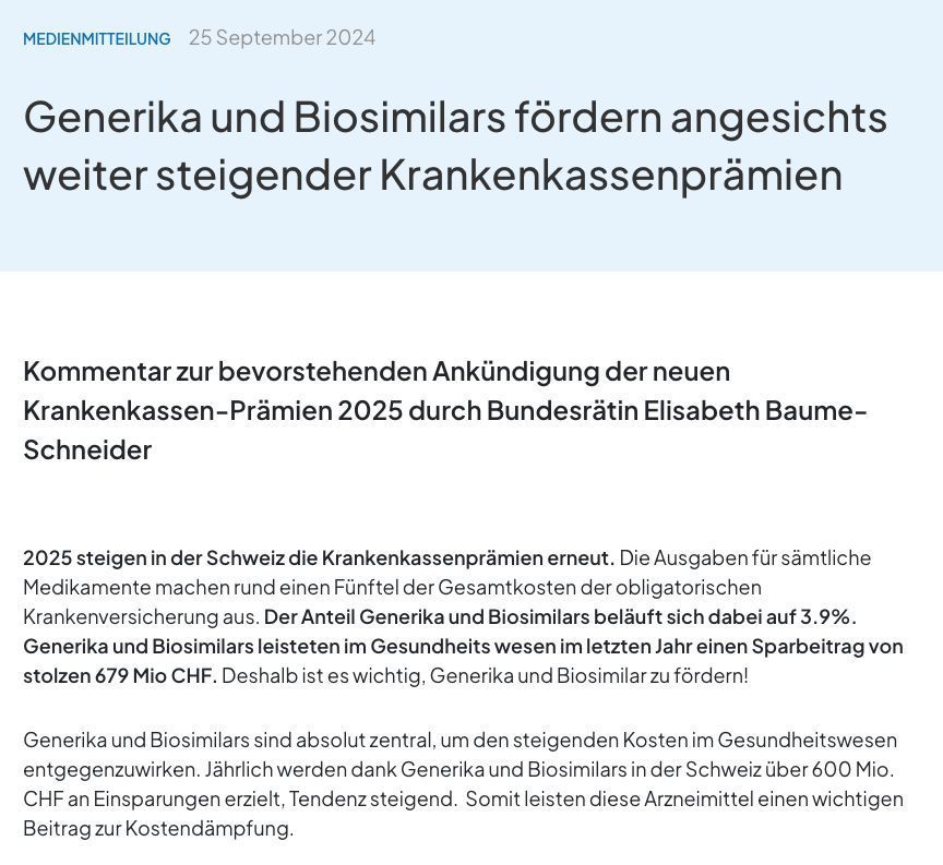 Generika und Biosimilars fördern angesichts weiter steigender Krankenkassenprämien 
buff.ly/4egoyPl 
Kommentar zur bevorstehenden Ankündigung der neuen Krankenkassen-Prämien 2025 durch Bundesrätin Elisabeth Baume-Schneider

#generika #biosimilars #Krankenkassenprämien2025