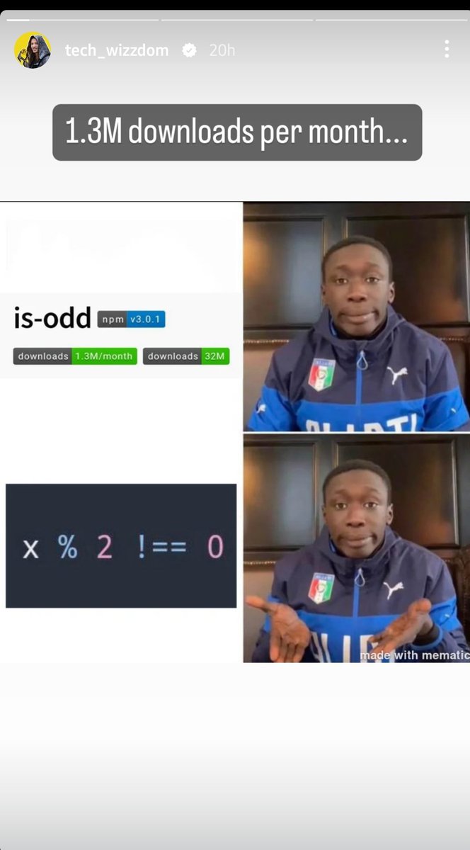 naku_adi_kavali's tweet image. its really odd🤣🤣
I never known this there is a package to check its odd and it got 1.3Million downloads
#nodemodules
#NPM