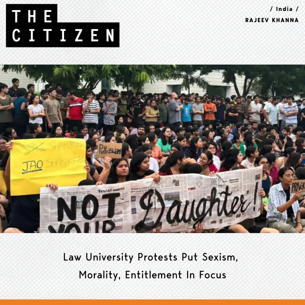 TheCitizen_in's tweet image. Students of Patiala’s Rajiv Gandhi National University of Law are protesting against sexism hoping for a systemic change.

writes @Rajeevsolan 

READ HERE: shorturl.at/rHak1 

#ProtestForChange #EndSexism #RGNULStudents #EqualityInLaw #SystemicChangeNow #GenderEquality