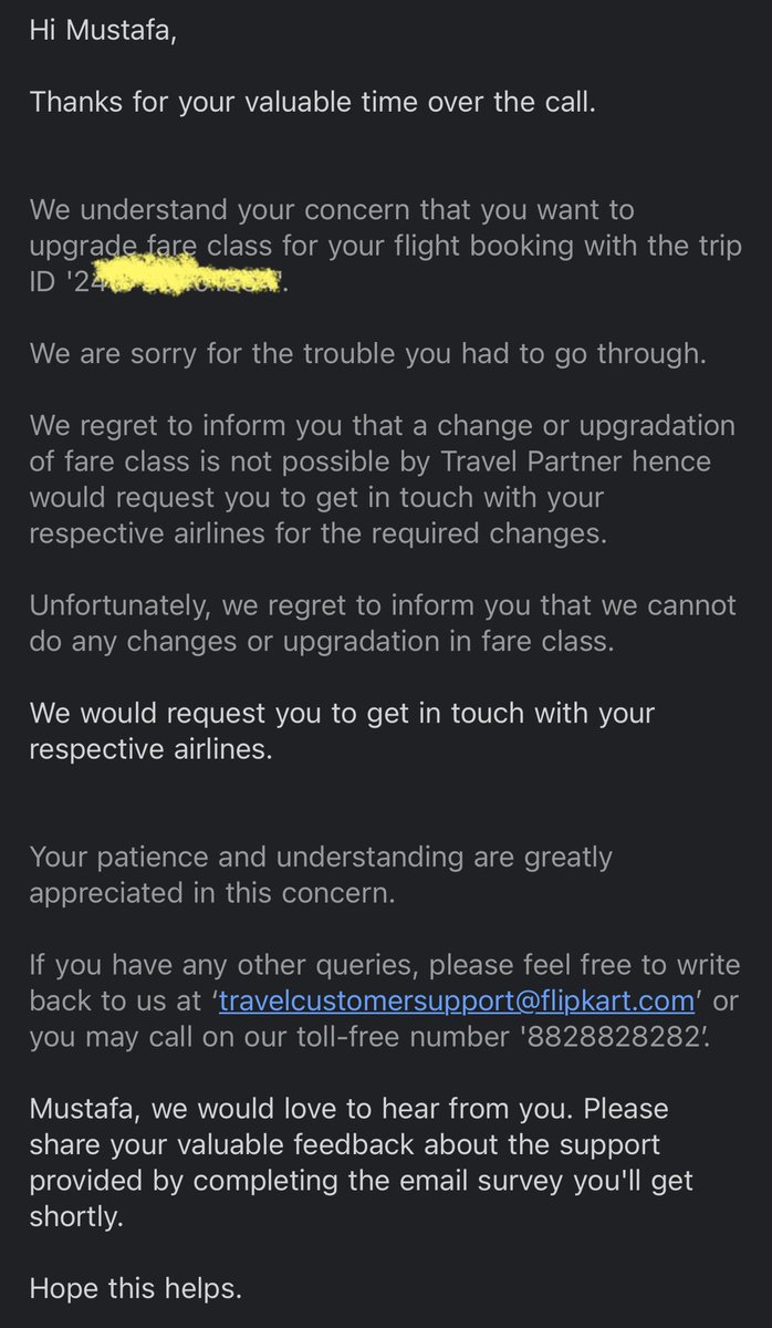 mulokh's tweet photo. Been following up since a few days with Flipkart travel @flipkartsupport @Cleartrip and @airfrance for upgrading my fare class from economy to premium economy but neither Flipkart or Air France are able to help me with the same. Both are asking to contact the other for the same https://t.co/VFWvaxMnAu
