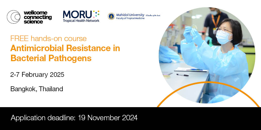 Free course in antimicrobial resistance #genomics for studying bacterial #pathogens. #AMRBio-Asia25

Join us in Bangkok, at <a href="/MORUBKK/">MORU</a> for expert-led training designed to address #AMR challenges specific to Asia. 

⏰Apply by 19 November 
📎Find out more: bit.ly/47tm2CA