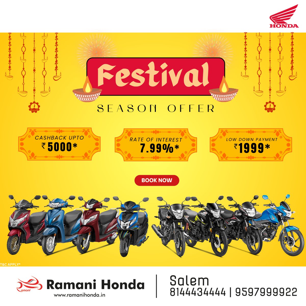 RamaniHonda's tweet photo. 🎉 Festival Season Extravaganza! 🎉
✨ Drive your dream bike with amazing offers! 🚴‍♂️
💸 Cashback up to ₹5000/-*
📉 Rate of Interest as low as 7.99%*
💰 Low Down Payment starting at just ₹1999/-*
This festive season, ride in style with unbeatable deals!
*T&amp;Cs Apply.
#RamaniHonda https://t.co/qV4qsgPJ1g