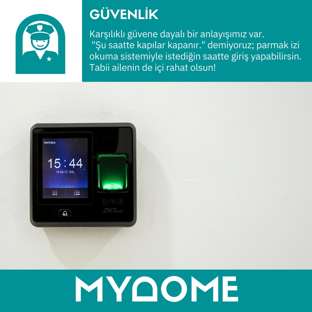 MyDomeAR's tweet photo. Güvenlik

Karşılıklı güvene dayalı bir anlayışımız var. "Şu saatte kapılar kapanır." demiyoruz; parmak izi okuma sistemiyle istediğin saatte giriş yapabilirsin. Tabii ailenin de içi rahat olsun!
Eğer onlar isterse giriş-çıkışlarla ilgili kuralları belirleyebilir, sms yoluyla b... https://t.co/5mHjYIo4lL