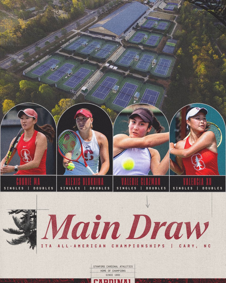 It'll be an action-packed Wednesday for Stanford at #ITAAllAmericans with 4️⃣ players in main draw singles ➕2️⃣ doubles teams 🌲🎾

7 AM PT - Xu
8:30 AM PT - Blokhina
9 AM PT - Glozman
10:30 AM PT - Ma
2:30 PM PT - Blokhina/Ma
3:30 PM PT - Glozman/Xu

📊💻 bit.ly/4gsUSQm