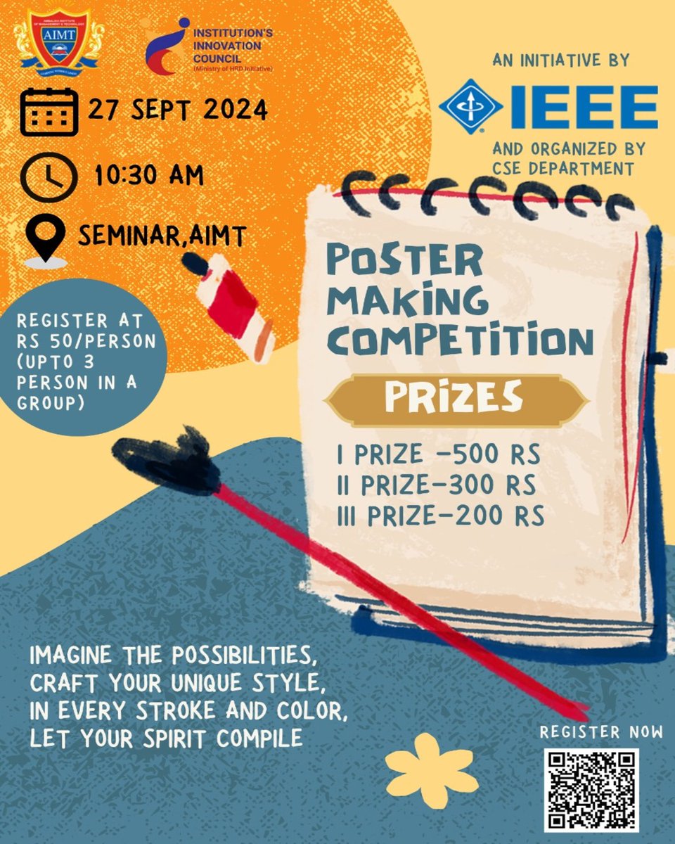 ieee_aimt's tweet photo. Your creativity, our canvas! 🎨✨ Take part in the IEEE Student Branch AIMT Poster Making Competition and let your artistic skills shine. Whether bold, abstract, or subtle—show us your vision! 
.
.
.
.
#IEEEAIMT #UnleashYourArt #PosterChallenge https://t.co/ceWb1WyUey