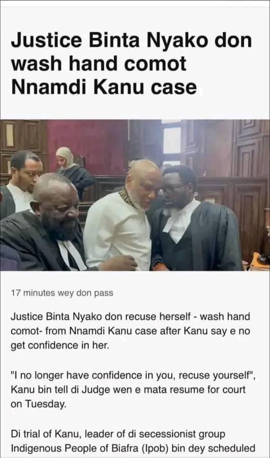 DesmondUche20's tweet photo. #Nigeria Justice Binta Nyako recuses herself from IPOB Leader Mazi Kanu case after over 7 years of #PERSECUTING him in her Court. Her actions is evident that Nnamdi Kanu is illegally held Captive in DSS dungeon in Abuja.
#Biafrans demand that he be #RELEASED immediately. https://t.co/oB3YCLCcS0