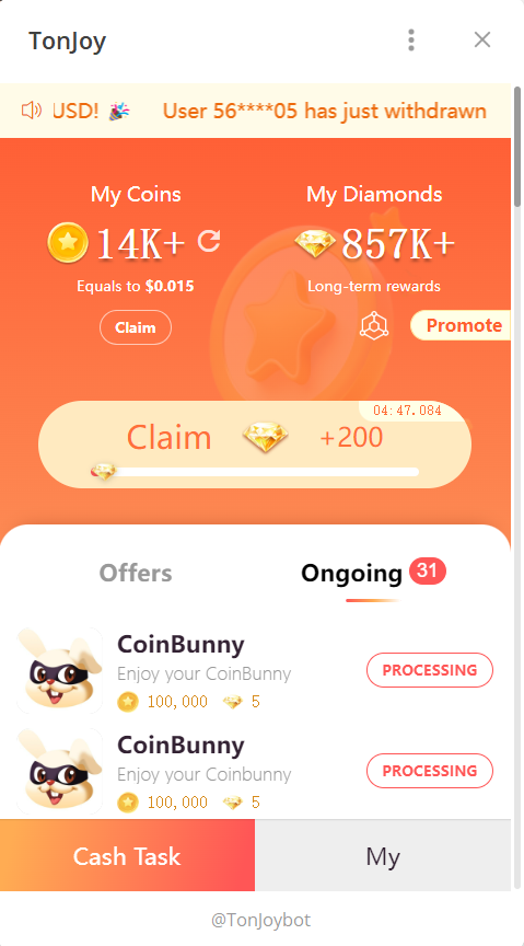 #TonJoyBot's mining feature allows users to earn Tonjoy platform points by simply opening the mini app. 
🤑Users can click to mine every five minutes. Don't miss out on this opportunity to start mining!🚀
t.me/TonJoybot/earn…