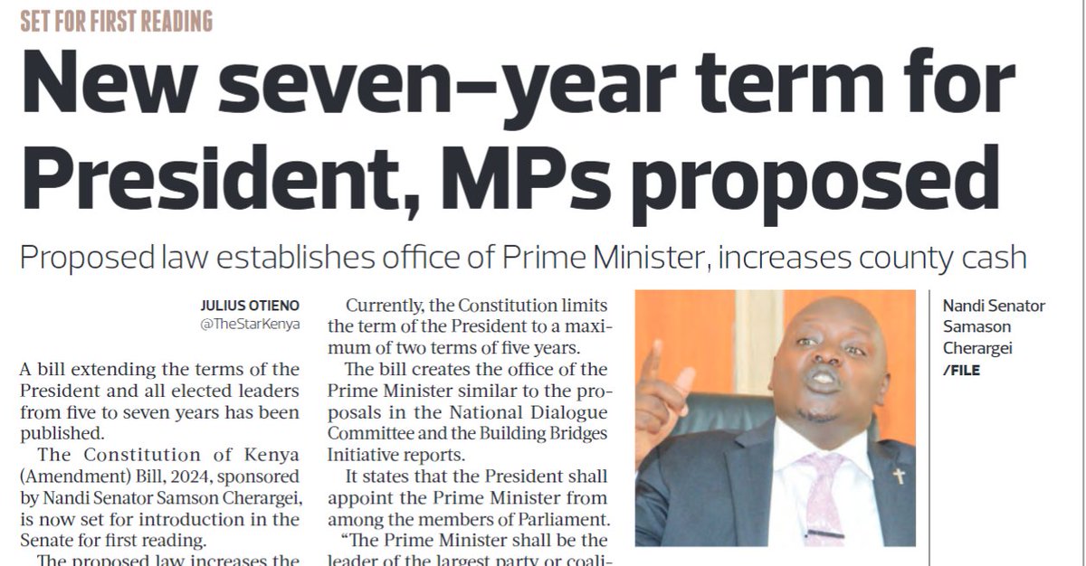 liaison54538's tweet photo. #Kenya : Nandi Senator Samson Cherargei has proposed a Bill to extend the terms of the President and elected leaders from 5 to 7 years.
#TermExtension #Politics #riggyg #impeachment #ImpeachBoth https://t.co/hHCIwN42bX