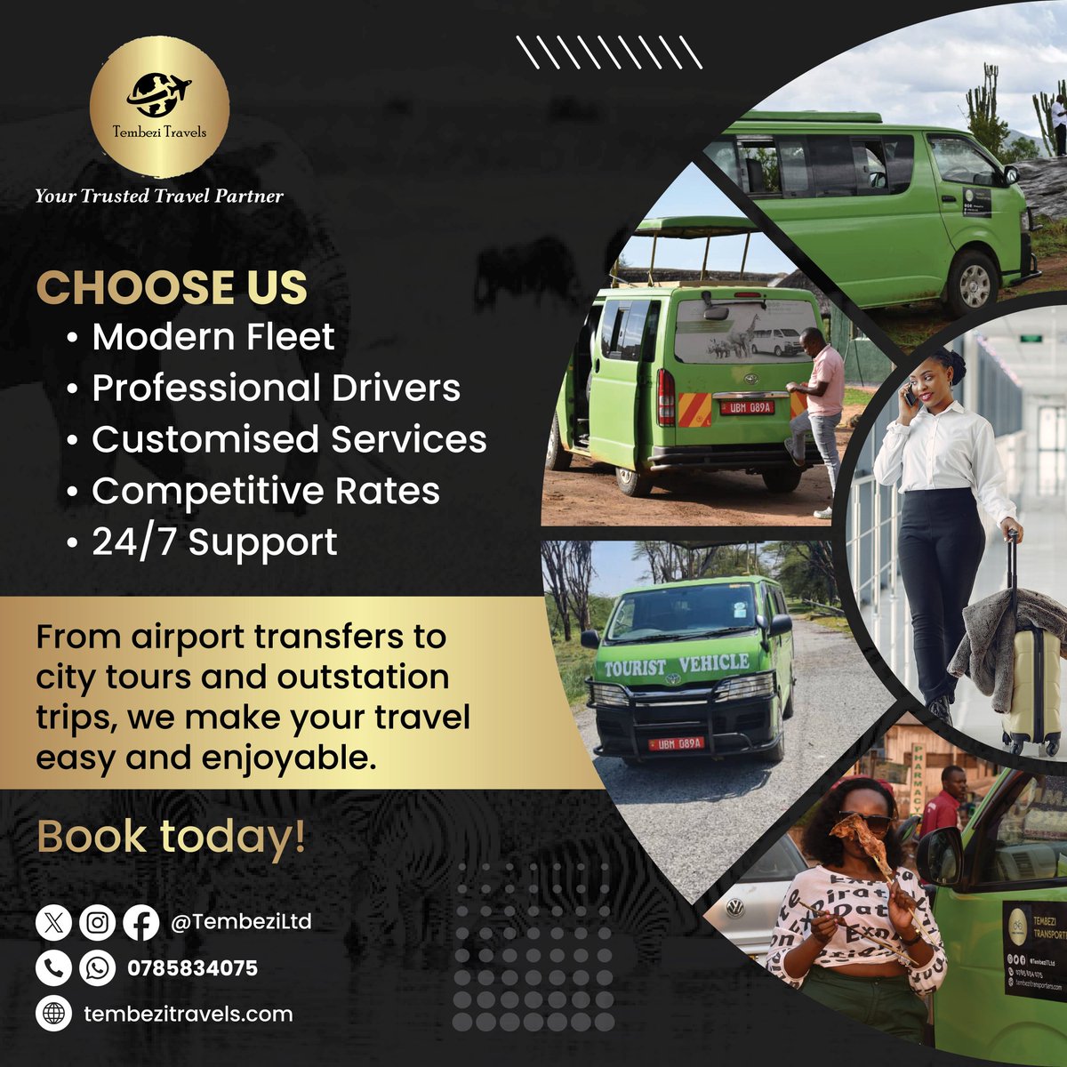 Wednesday Wheels

"Hit the road in style!"

Introducing our luxurious tour vehicles:

Whether you're planning a wildlife safari, gorilla trekking adventure, or simply exploring Uganda's beautiful landscapes, there's a tour van option to suit your needs and budget.
<a href="/wa_Kabwohe/">PK Snr</a>