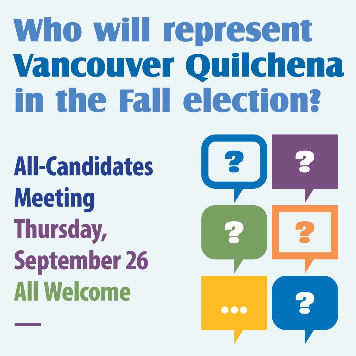 Speakers confirmed!📣
Meet these Vancouver-Quilchena candidates and ask questions at our All-Candidates Meeting, Thurs., Sept. 26, 7-9 p.m.
• Callista Ryan, NDP
• Dallas Brodie, Conservative Party of B.C.
• Michael Barkusky, B.C. Greens
Moderator: Mo Amir (This is VANCOLOUR).