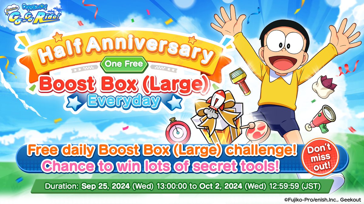 dora_GoGoRideEN's tweet photo. 🎖️ Half-Anniversary Celebration 🎉  
During the event, get a free Gold 🥇 Boost Box once per day 🎁 A chance to grab the items you’ve been wanting✨  
🗓️ Event Period: 9/25 (Wed) 1:00 pm - 10/2 (Wed) 12:59 pm

#doraemon
#GoGoRide 
#Roblox https://t.co/XMuJSDwJVv
