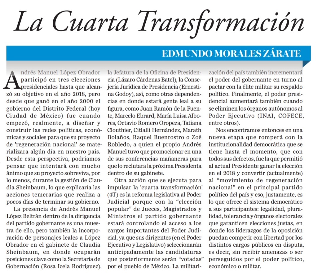 PulsoLegisOax's tweet photo. #Opinión 📝 @EdmundoMoralesZ

La #4T abre una nueva etapa que rompe la institucionalidad que se tiene hasta el momento, la cual, fue la que le permitió a López Obrador ganar la elección en 2018 y convertir a MORENA en el principal partido político de México 📰 @nvinoticiasoax 👇 https://t.co/4yIrz6Fh9R