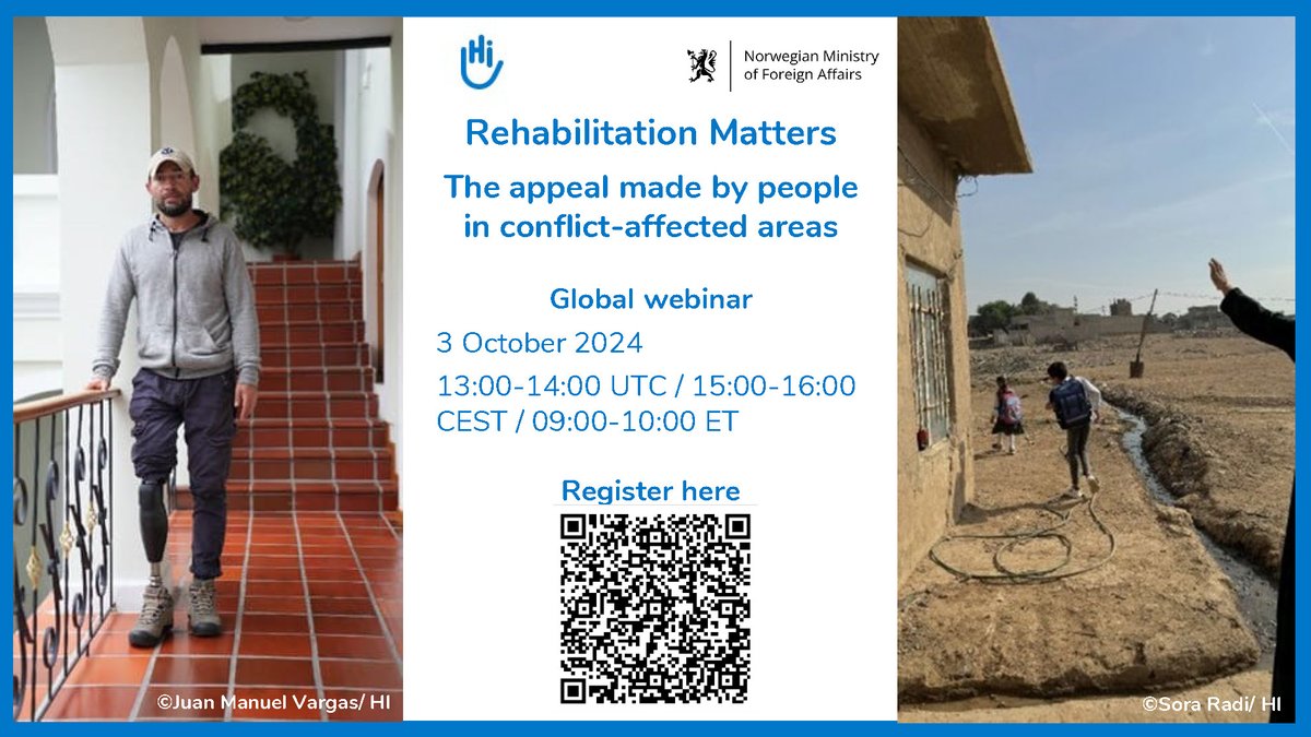 Join the webinar “Rehabilitation matters”, on October 3rd at 15:00 CEST, to explore the critical role of #rehabilitation in conflict-affected areas with experts from Colombia, Lao PDR, and the Middle East.  

Register: shorturl.pulse.ly/qifa7chlyn