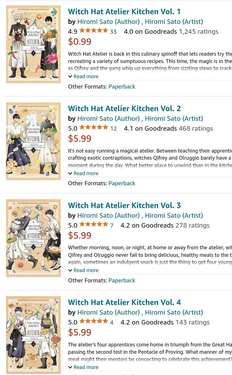 KariandAustin's tweet photo. E-book of English translated Witch Hat Atelier (@tongariofficial) by @shirahamakamome is DISCOUNTED 45% OFF!! Amazing story &amp; beautiful art! https://t.co/0aBGRnnvAw

Delicious spin off Witch Hat Atelier Kitchen by @satohiromi2010 is also DISCOUNTED 45% OFF
https://t.co/mZ2S8kxdD2 https://t.co/z1fzL9kjBX