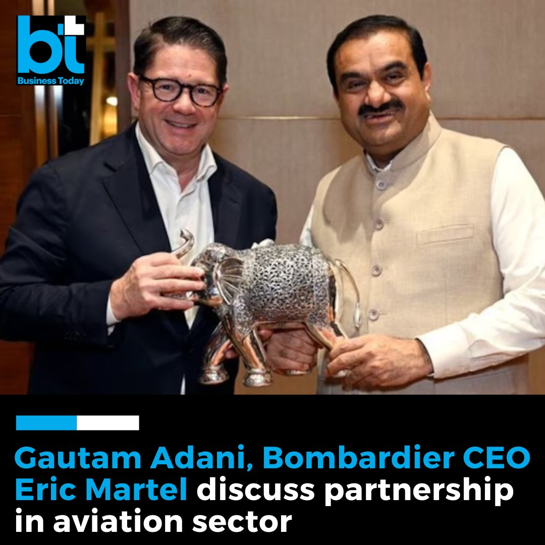 business_today's tweet photo. 💰🏭 #Industry | #AdaniGroup Chairperson #GautamAdani met Bombardier CEO #EricMartel to discuss a possible partnership in the aviation sector.
➡️ Adani, in a social media report, said that they discussed partnerships in aircraft services, MRO and defence.
Read More 👉 https://t.co/39IJrMcBvc