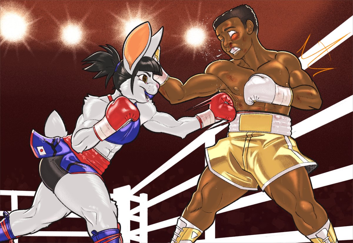 A colored commission for deviantart.com/mgckfight featuring their Tyler taking on another anthro opponent, Yuki. The match seemingly goes even worse for Tyler than the last, with his nearly untouched opponent landing a liver shot on him, inevitably sending him to the canvas.
