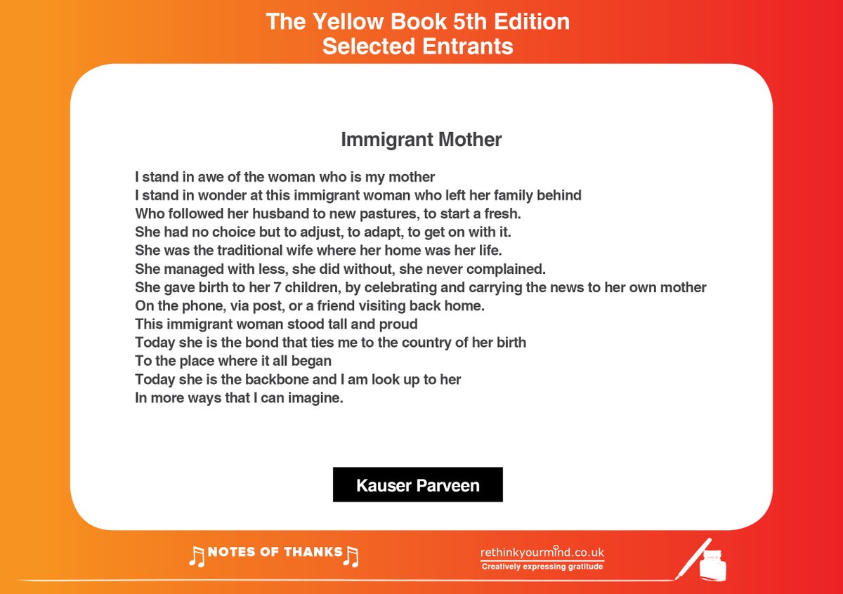 Congratulations Kauser Parveen! 
Selected by the assessors to be published in the 5th edition of the creative wellbeing resource #TheYellowBook!

Enjoy them all👉 rethinkyourmind.co.uk/the-yellow-boo…

#NotesOfThanks to everyone for Creatively Expressing Gratitude to uplift &amp; inspire! #Poetry