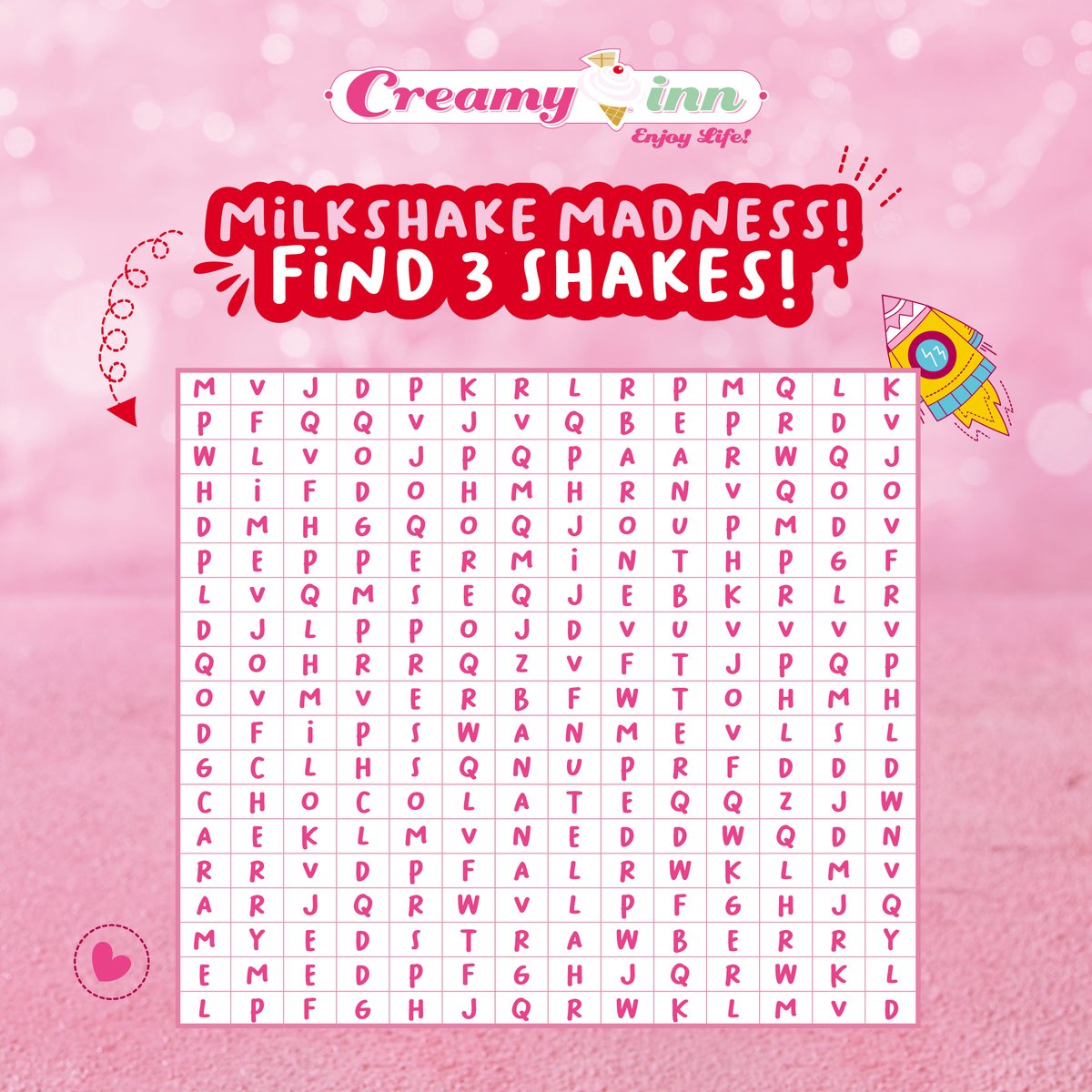 CreamyInnKenya's tweet photo. Time to challenge your brain! Can you find three of our milkshake flavours from the word search? Comment below with your answers for an opportunity to win a Creamy Inn voucher!  A winner, through a random draw, will be announced on Wednesday! #CreamyInn #TastyToppings #EnjoyLife https://t.co/JWyADgltjQ