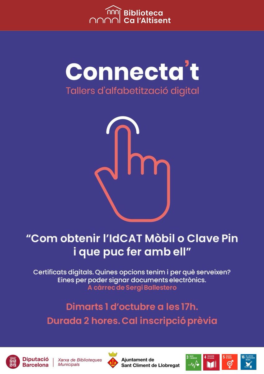 santcliment's tweet photo. 🔑 Aquest pròxim dimarts 1 d'octubre la Biblioteca Ca l'Altisent acull un taller per a conèixer com obtenir l'idCAT Mòbil o Clave Pin.

🌐 Podrem aprendre, a més, a fer servir aquests certificats digitals.

📝 Cal inscripció prèvia a la mateixa biblioteca. https://t.co/C9Fq3JPyDb