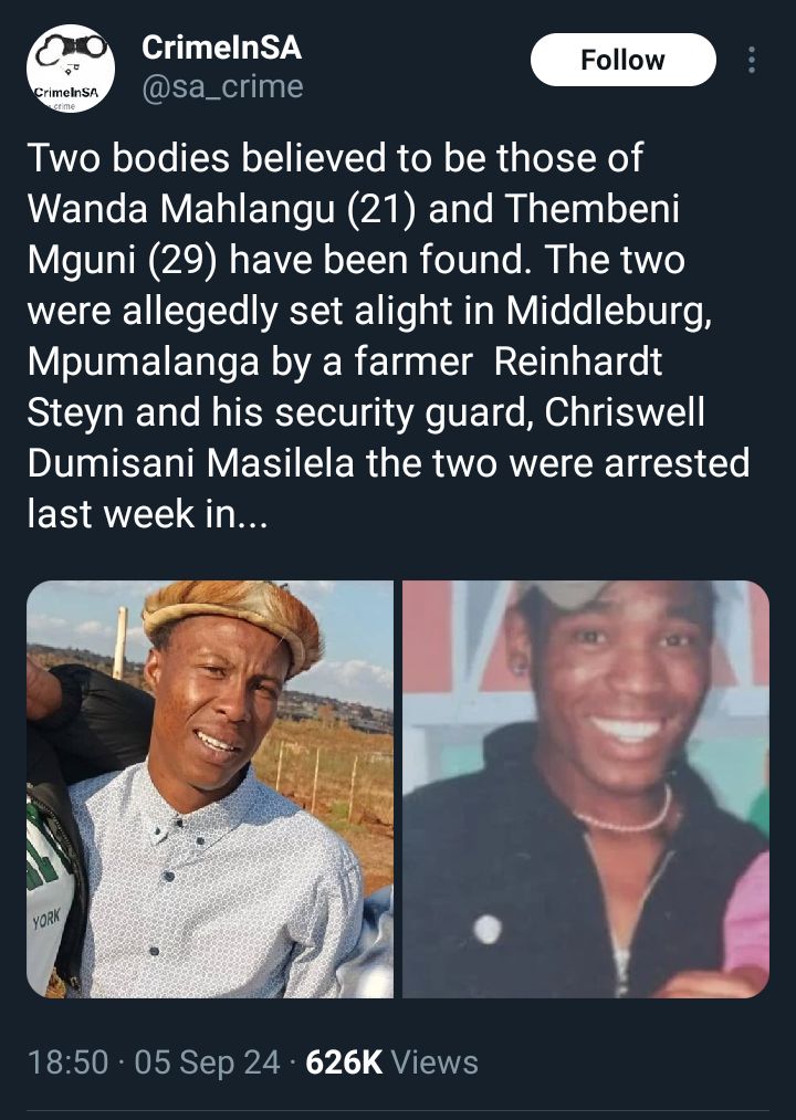 These are the actual farm killings that land thieves are trying to conceal with a fake genocide outcry .

Knowing how evil these people are,can you imagine how many more cases never make it to the news let alone the police station?