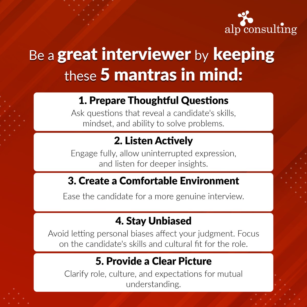 Alp_Corporate's tweet image. A great #interviewer is all about creating a meaningful and insightful #experience for both the #interviewer and the #candidate. Keep these 5 mantras in mind for your next #interview:

#InterviewTips #HiringSuccess #InterviewSkills  #WorkplaceCulture #HereToAlp #Retweet