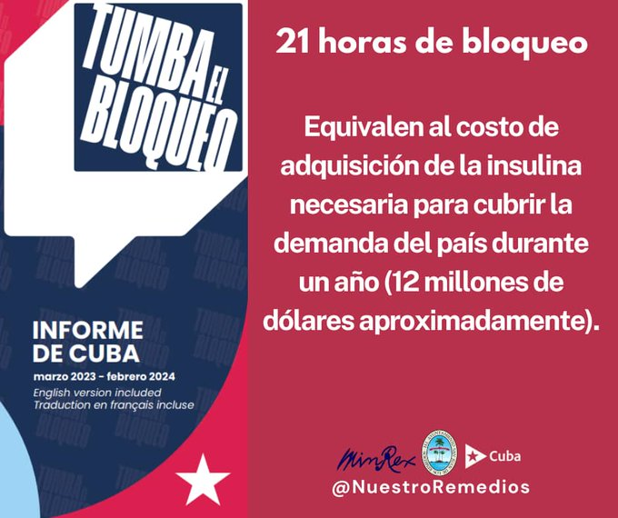 21 hours of blockade is equivalent to the cost of acquiring the insulin needed to cover the country's demand for one year (approximately 12 million dollars).
#TumbaElBloqueo