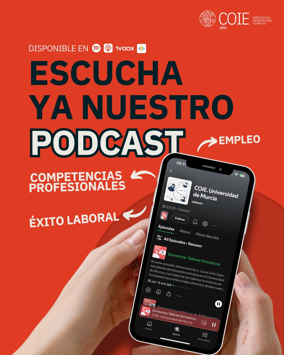 Escucha el podcast del COIE para conocer las herramientas esenciales para la búsqueda de empleo, estrategias para potenciar tus habilidades profesionales y consejos para impresionar a los reclutadores. 💥

✅ Disponible en Apple Podcast, Ivoox, Spotify y Google Podcasts.

#empleo
