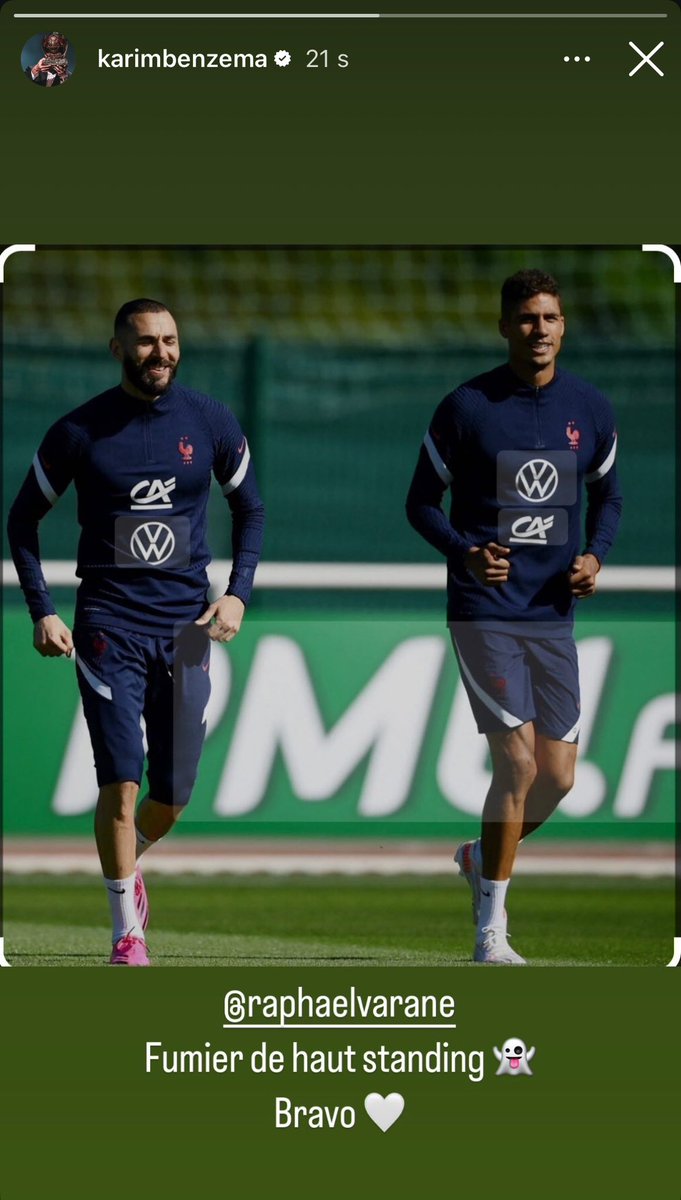 lnstantFoot's tweet photo. La story de Karim Benzema après l’annonce de la retraite de Raphaël Varane : « Fumier de haut standing 👻 Bravo 🤍 » https://t.co/Lj9hglOxla