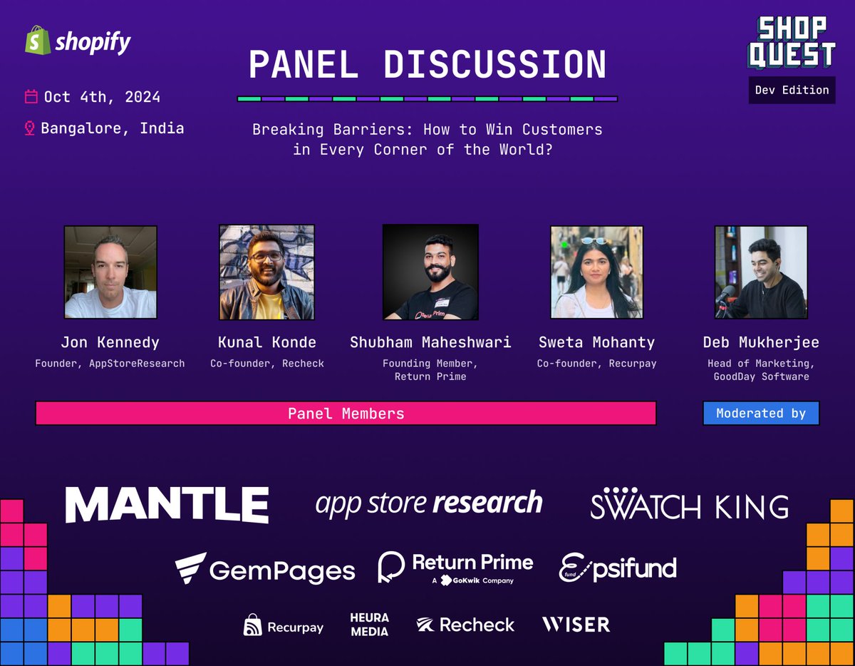 We’re excited to partner with ShopQuest!🎉

We are joining an incredible panel:

🔥 Jonathan Kennedy – Founder of Shopexperts &amp; Storetasker
✔️ Kunal Konde– Founder of Recheck, prev. PushOwl
🌍 Sweta Mohanty – Co-founder of Recurpay

To always building for <a href="/Shopify/">Shopify</a> ecosystem!!