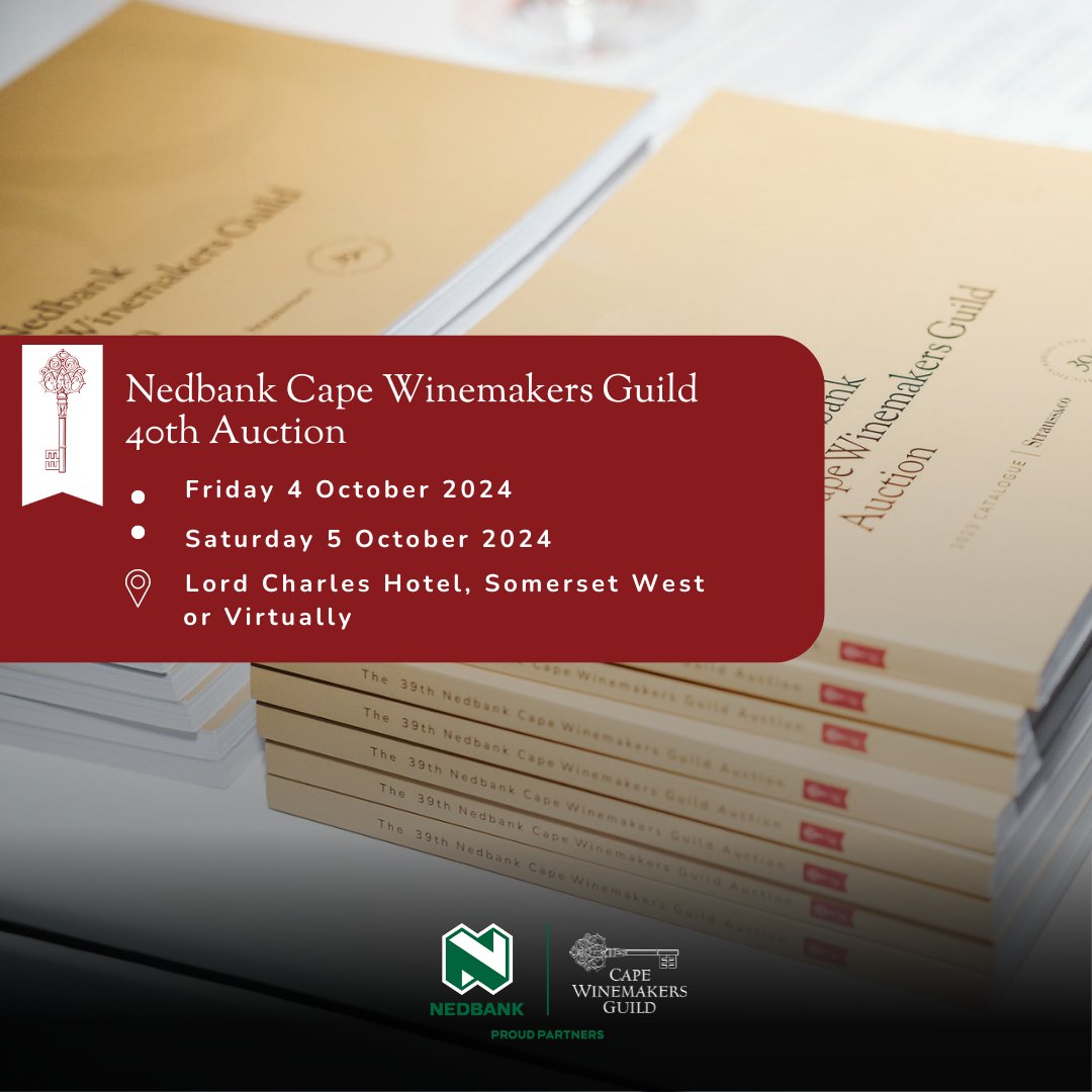 The anticipation is mounting! The 40th Nedbank Cape Winemakers Guild Auction will be split into two sessions:
Friday, 4 Oct: 13:30 - 19:30
Saturday, 5 Oct: 10:00 - 16:00
Bid live at the auction at the Lord Charles Hotel or you can bid online. To register zurl.co/BABC