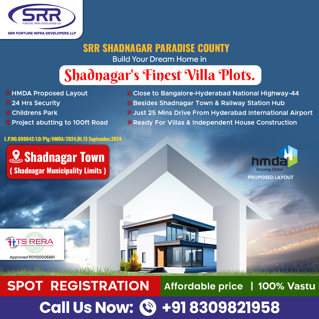 SRRLLP96466's tweet image. SRR Shadnagar Paradise County offers premium villa plots in Shadnagar Town, close to Bangalore-Hyderabad National Highway-44. With HMDA-approved plots, TS RERA certification, it's a convenient and comfortable location.

Contact Us : 8309821958

#srrshadnagarplots #srr #villaplot