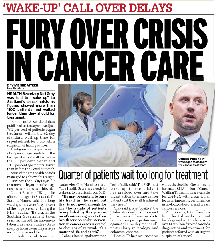AgentP22's tweet photo. 27% of cancer patients with urgent cancer referrals are  not receiving treatment within the 62 day target time.

The kind of thing that happens when the ruling (SNP) government concentrate all their efforts on independence, to the detriment of everything else.

Disgraceful. https://t.co/D5XYI5HIQa