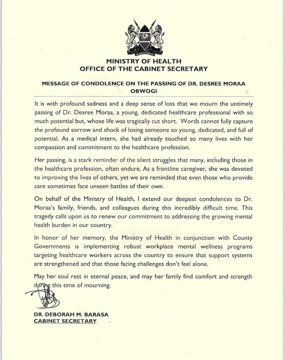 MOH_Kenya's tweet photo. MESSAGE OF CONDOLENCE ON THE PASSING OF DR. DESREE MORAA OBWOGI https://t.co/Sx4krazrZb