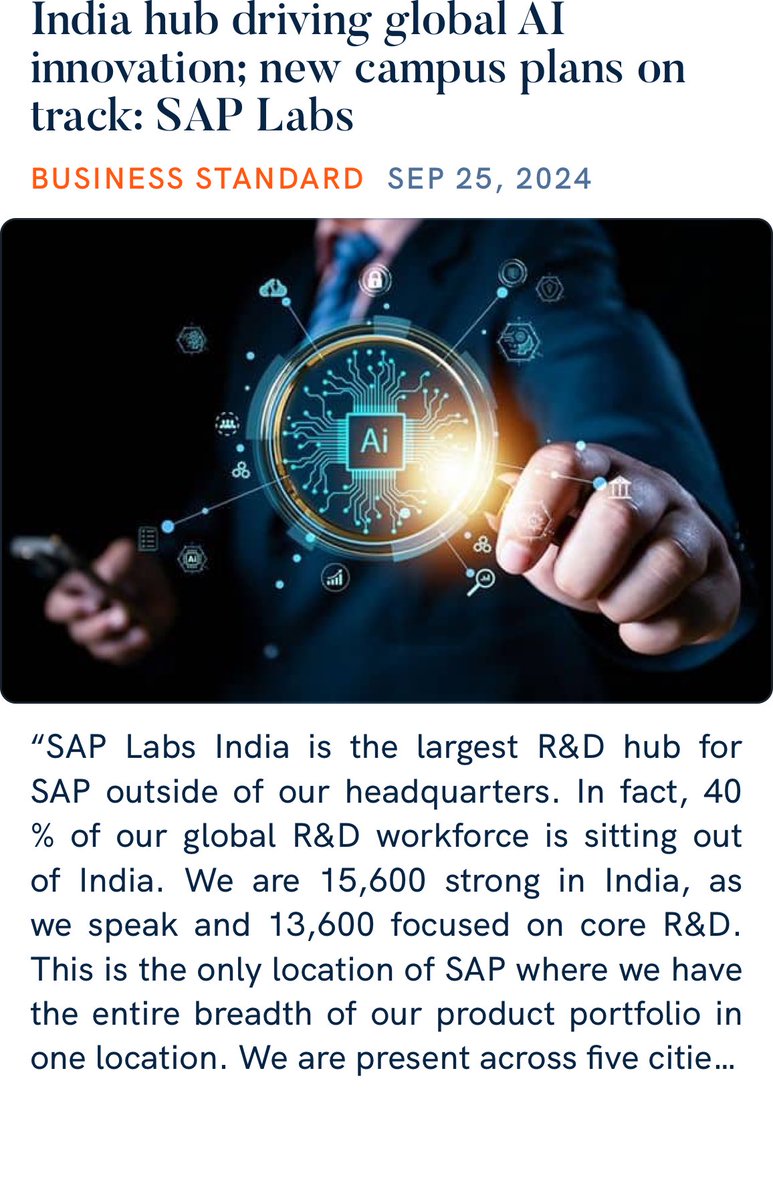 SwatiTandon101's tweet image. India hub driving global AI innovation; new campus plans on track: SAP Labs 

#SwatiTandon101 #SAPlabs